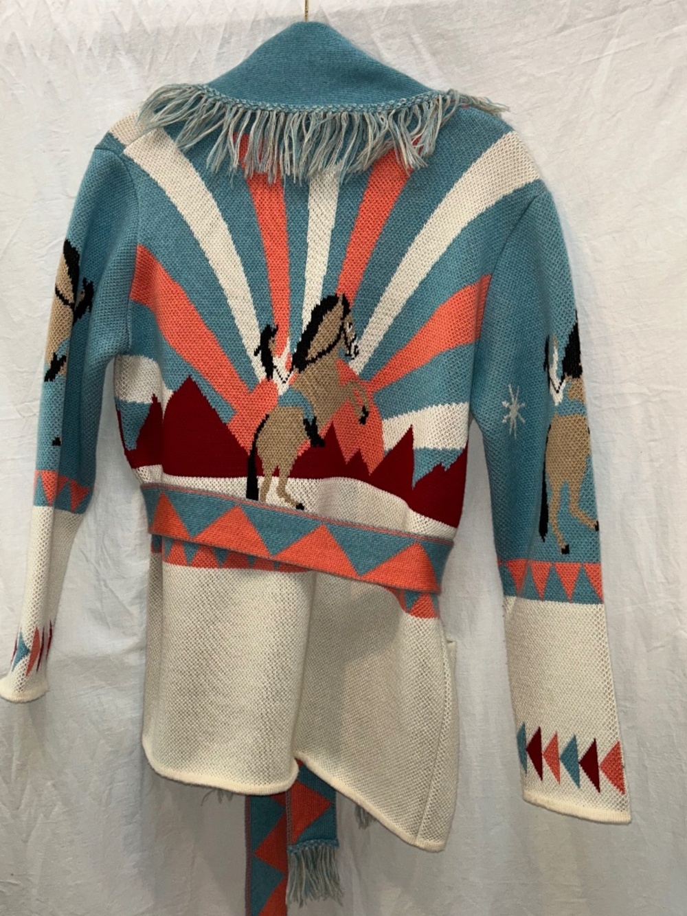 Hayley Menzies NEW Sunrise Rodeo Merino Jacquard Cardigan Turquoise sweater S